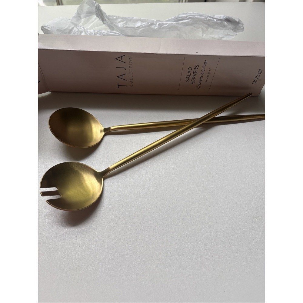 TAJA Collection Set Of 2 Gold Contemporary Salad Servers NEW Open Box